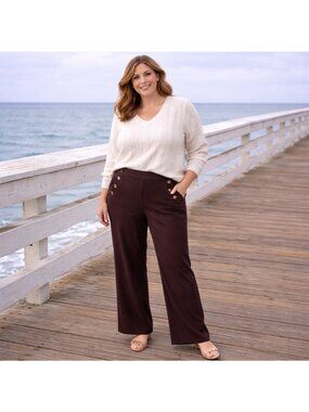 Susan Graver Liquid Knit Brown Button Detail Nautical Pants  Size 2XP Career
